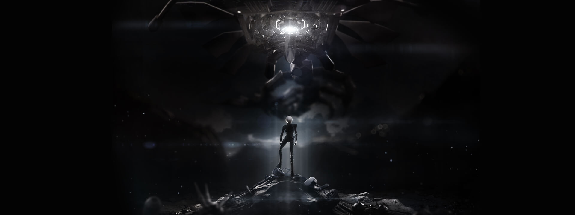 A lone figure stands beneath a giant machine in XETA's dark world