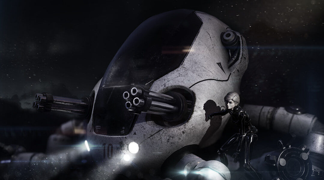 XETA pilot beside a large armored machine